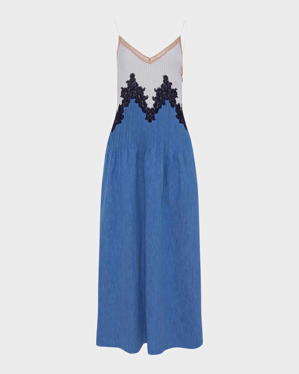 Althea Colorblock Pintucked Denim Maxi Dress
